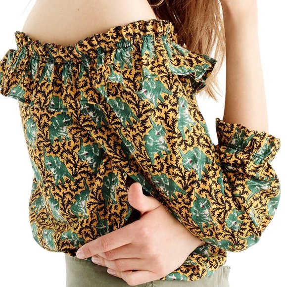 J. Crew Ratti Elephant Off Sholder Ruffle Top Sz 6 - Picture 2 of 8